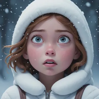 Medium close-up of a dreamlike girl with blue eyes and brown hair, wearing a white hooded coat in a snowy background, looking with a suffering expression.
