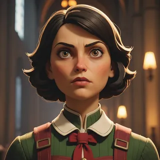 Close up of a gloomy gritty female marketer reimagined as a BioShock game character inside Cologne Cathedral with broad lighting and detailed 3D realistic styling.