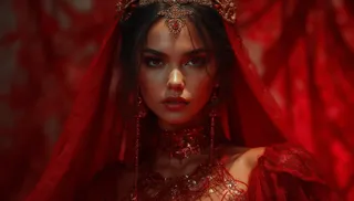 Close-up of a fashion model wearing a regal bejeweled red outfit with intricate details, dramatic cinematic lighting, and high contrast against a dark background.