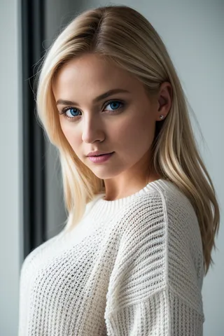Portrait of a beautiful blonde woman with blue eyes wearing a white knitted sweater, captured in sharp focus with cinematic lighting.