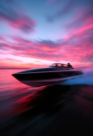 Black and white luxury racing boat speeding on calm sea at sunset with motion blur, two people wearing helmets at the helm, pink tinted sky.