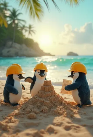 Three penguins wearing yellow construction helmets building a sandcastle on a tropical beach, one holding a blueprint, with the ocean and sunset in the background.