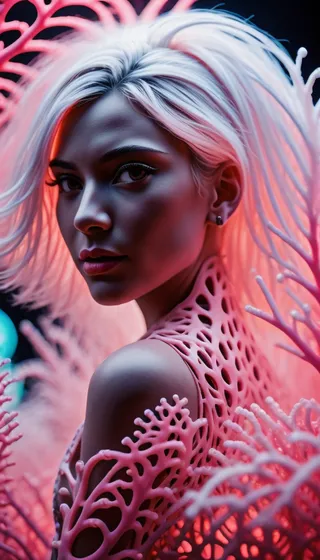 Hyper realistic portrait of an albino woman with voluminous white hair surrounded by glowing pink coral reef elements and intricate coral-like motifs