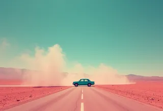 A vintage turquoise car driving across a straight road in a faded rose desert landscape under a muted blue sky with a dust cloud in the background
