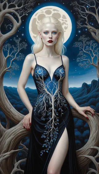 A blonde woman with blue eyes and dark red lips wearing a black dress painted with a white tree and moon, standing in a surreal alien garden under a starry sky with twisted trees.