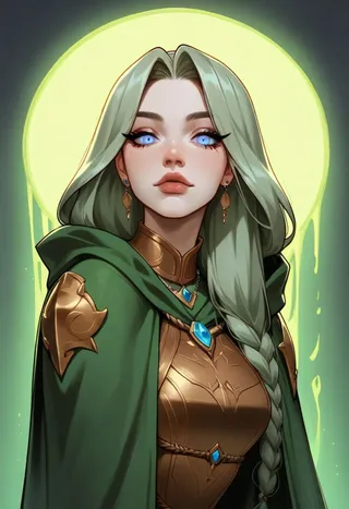 Portrait of a huntress with striking blue eyes, braided silver hair, golden armor and a green cloak, set against a glowing yellow-green background.
