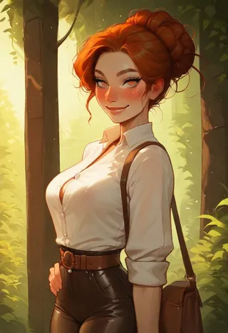 Portrait of a cute girl with auburn hair in a messy bun, freckles and hazel eyes, wearing a white button-up shirt and leather pants, standing in a sunlit forest with a satchel bag.