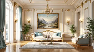 Luxurious living room with tall windows draped in blue curtains, ornate sofa with blue cushions, gold moldings, chandelier, and classic landscape painting.