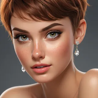 Hyperrealistic close-up portrait of a young woman with short pixie hair, textured skin with freckles, flirty eyes, subtle makeup, and crystal-clear details showing earrings and smooth lips.