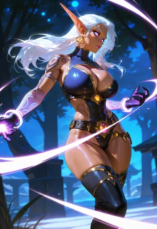 Fantasy blood elf woman with white hair, glowing purple eyes, arm tattoos, and thigh-high boots casting magic in a night forest background.