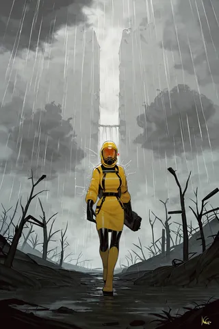 A female figure wearing a yellow hazmat suit and latex gloves walks through a rainy, ruined modern city filled with dead trees and dark, cloudy skies.