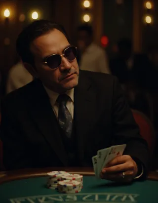 Man in dark suit and sunshades holding four cards at a casino poker table with poker chips and dim ambient lighting.