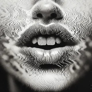 Close-up black and white macro image of parted female lips, nose, and chin with interference wave patterns overlaying the skin