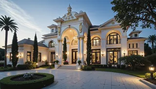 A luxurious modern home featuring a grand arched entrance framed by ornate white columns with gold detailing, flanked by tall cypress trees, surrounded by manicured garden and palm trees, under a clear blue sky.