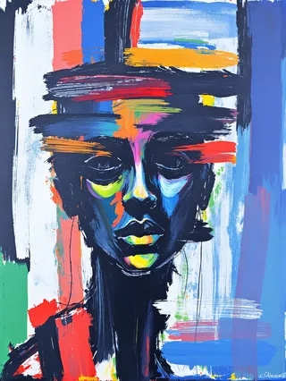 Abstract colorful portrait created with short parallel brush strokes using vivid colors on a modern art style canvas.