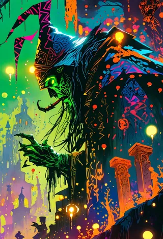 A giant glowing Santa Claus figure with a jester hat summons undead Christmas elves in a vibrant graveyard illuminated by colorful floating orbs and tombstones.