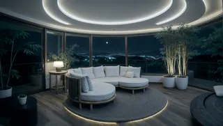 Interior room featuring a circular wooden platform with a round white sofa under an open circular ceiling showing a moonlit mountain night view, with potted bamboo and LED strip lights.