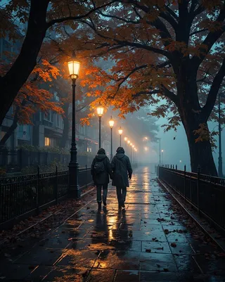 A dimly lit rainy street scene at dusk featuring a couple walking under large trees with autumn leaves reflecting warm light from street lamps on wet pavement, with fog in the background.