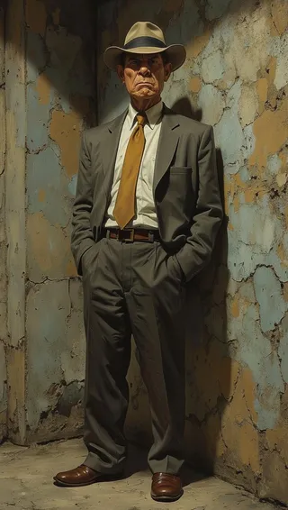 Um homem de meia-idade com expressão severa vestindo um terno amassado, gravata bege e chapéu fedora, posando contra paredes de reboco rachadas em um espaço vazio.