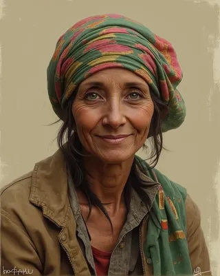 Digital painting of an elderly woman with warm eyes and a gentle smile, wearing a vibrant patterned green, pink and yellow headscarf and earthy-toned clothing against a beige background.
