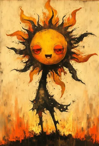 A whimsical sun figure with bold black outlines, red eyes, and fiery orange and yellow flames around it, set against a beige, gritty backdrop.