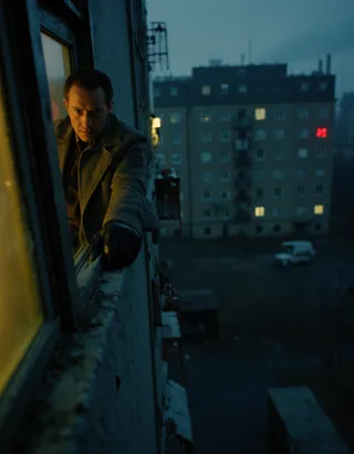 A tense nighttime scene of a Russian spy in a weathered trench coat gripping a crumbling concrete window frame of a Soviet-era apartment building under a cold, cloudy sky.