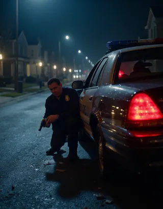 A police officer crouched behind a classic black-and-white patrol car on a dimly lit suburban street at night, gripping a pistol tightly amid flashing police lights and a tense atmosphere.