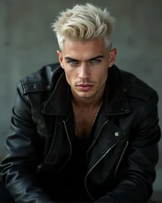 Portrait of a platinum blonde man with an undercut hairstyle, piercing green eyes, and a strong jawline wearing a black leather jacket with worn edges, under sharp lighting.