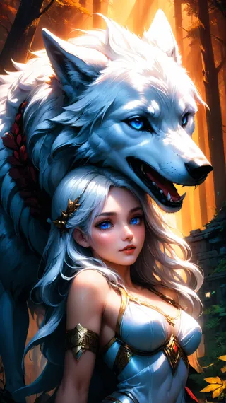 A detailed oil painting of a white-haired nymph with blue eyes hugging an ancient large white wolf with bright blue eyes, set in a forest with cinematic lighting.