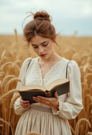 Young brown-haired woman in Victorian-style light skirt and blouse stands in a wheat field reading a book with her hair in a bun and wheat ears bending in the wind.