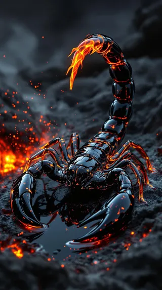 A hyper-realistic black obsidian glass scorpion with detailed texture and a glowing fiery red molten lava stinger, surrounded by volcanic ash and lava.