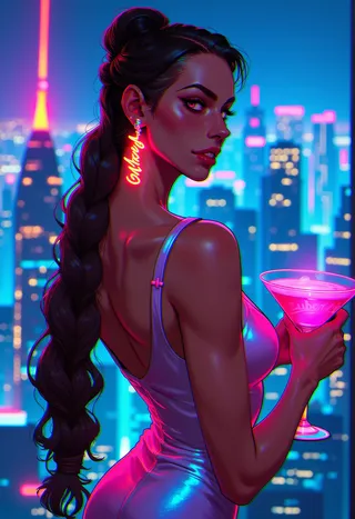 A poised woman with a long braided fiber-optic hairstyle wearing an iridescent gown holds a glowing cocktail glass against a neon-lit futuristic city background.