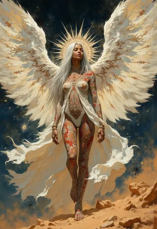 An ethereal dark-skinned angelic woman with large white wings, adorned in ornate red and orange patterns, standing in an ancient desert at night under moonlight.