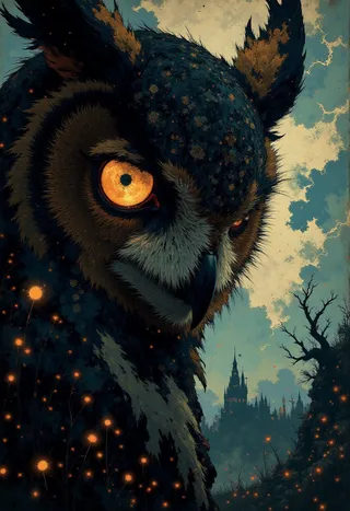 Close-up digital artwork of an owl's face with glowing orange eyes reflecting a netherworld, surrounded by dark ethereal and dystopian landscapes with a distant castle.