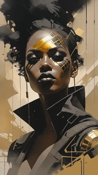 Close-up portrait of a Black woman with bright eyes and glossy lips wearing futuristic gold face war paint, highlighted by abstract smoke and geometric designs.