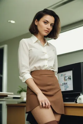 Close-up cinematic portrait of a woman in office wearing a white blouse, brown skirt, and tall socks, shot on film with sharp focus and backlighting.