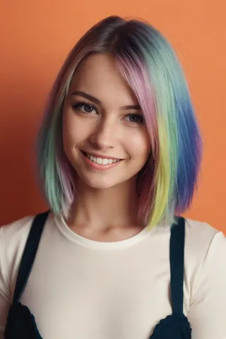 Portrait of a cute emo woman smiling with pastel-colored hair against a vibrant orange background, showcasing detailed skin texture and eyes.
