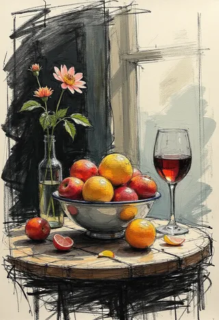 Colored charcoal sketch of a still life featuring a bowl of citrus and apples on a wooden table, a glass of red wine, and a vase with pink flowers by a window.