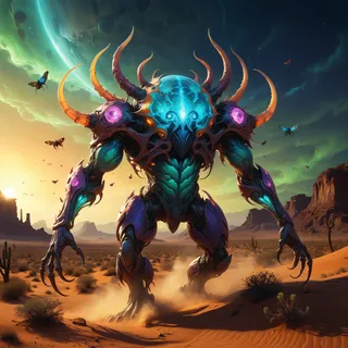 A towering bioluminescent abomination called the shrieking hammerbuster with iridescent hide and glowing purple eyes, stalking colorful insects in a lush desert oasis under a vibrant sky on an alien planet.