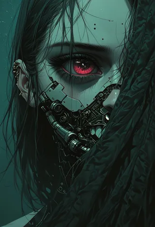 Close-up portrait of a female android geisha with intricate mechanical parts on her face, red cyberpunk eyes, and a dark hood partially covering her face.