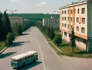 Drone view of a 1980s Soviet city street with typical Soviet apartment buildings, a blue and white Soviet bus on the road, summer trees, and mosaic Soviet art on a building wall, captured in film grain style.
