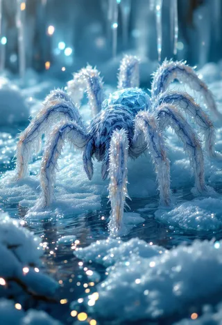 A majestic tarantula made of ice and covered with icicles, walking on a partially frozen water surface with magical light effects and icicles hanging above.