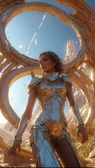A woman in highly detailed futuristic combat armor stands in desert ruins under a blue sky with circular stone structures and cinematic backlighting.