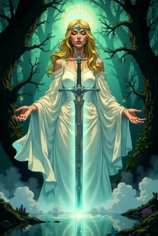 A serene ethereal woman in a flowing white gown holds a gleaming sword vertically in a mystical, enchanted forest with glowing light and reflective water.
