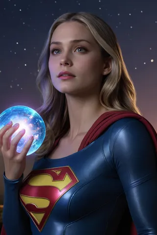 Supergirl in blue suit and red cape holding a shiny iridescent glowing orb at night under a starry skyscape