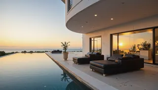 A modern minimalist building with a curved concrete facade, large windows reflecting a warm sunset, and an outdoor lounge seating by a reflective infinity pool.