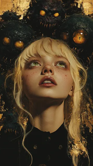 Photorealistic blond albino girl with green eyes looks upward, surrounded by dark, sinister neon cartoon monsters with glowing orange eyes, rendered in hyper-realistic horror art style.