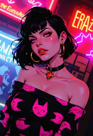 A rebellious model with sharp features wearing gold make-up and black eyeliner, dressed in a black off-shoulder top decorated with pink cats print, a black choker with pendant, set against vivid neon-lit background.