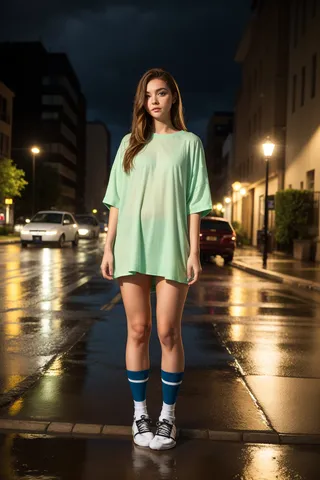22 year old woman with long golden brown hair and green eyes, wearing an oversized shirt and socks with high-tops, standing on a wet street in a night cityscape with rain.