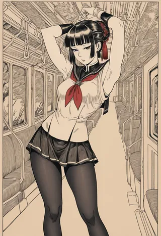 Monochrome illustration of a girl in a traditional school uniform and black tights standing inside a train car, rendered with hatching texture and ukiyo-e style influences.